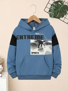 SHEIN Tween Boy Letter Graphic Kangaroo Pocket Sweatshirt - Dusty Blue - View 1