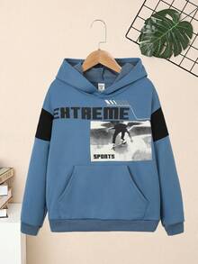 SHEIN Tween Boy Letter Graphic Kangaroo Pocket Sweatshirt - Dusty Blue - View 3