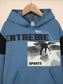 SHEIN Tween Boy Letter Graphic Kangaroo Pocket Sweatshirt - Dusty Blue - View 4