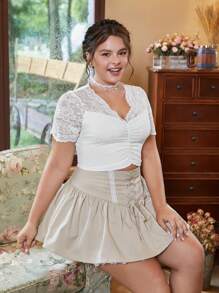 SHEIN Frenchy Talla grande Top crop con encaje fruncido - Blanco - Ver 5