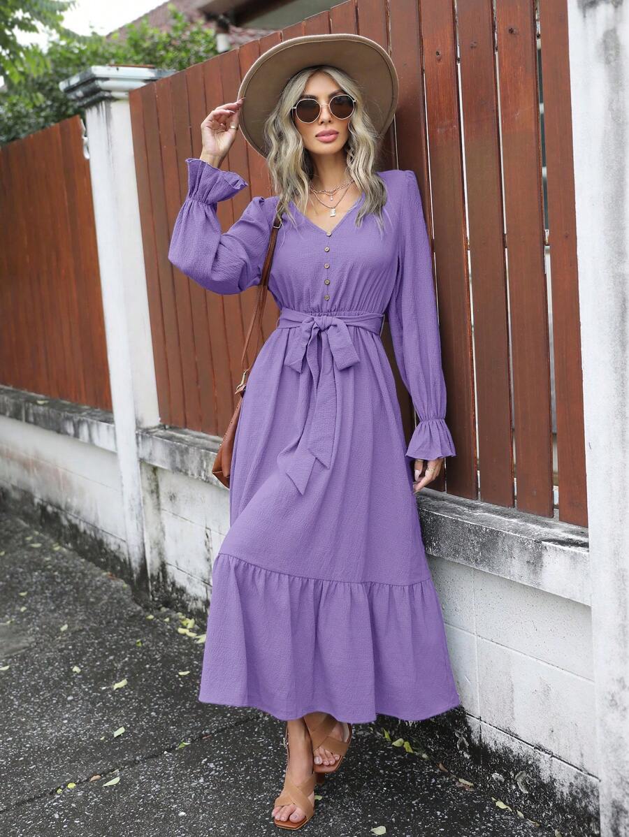 SHEIN Clasi 喇叭袖荷葉邊繫腰帶連衣裙 - 紫丁香色 - 查看 1