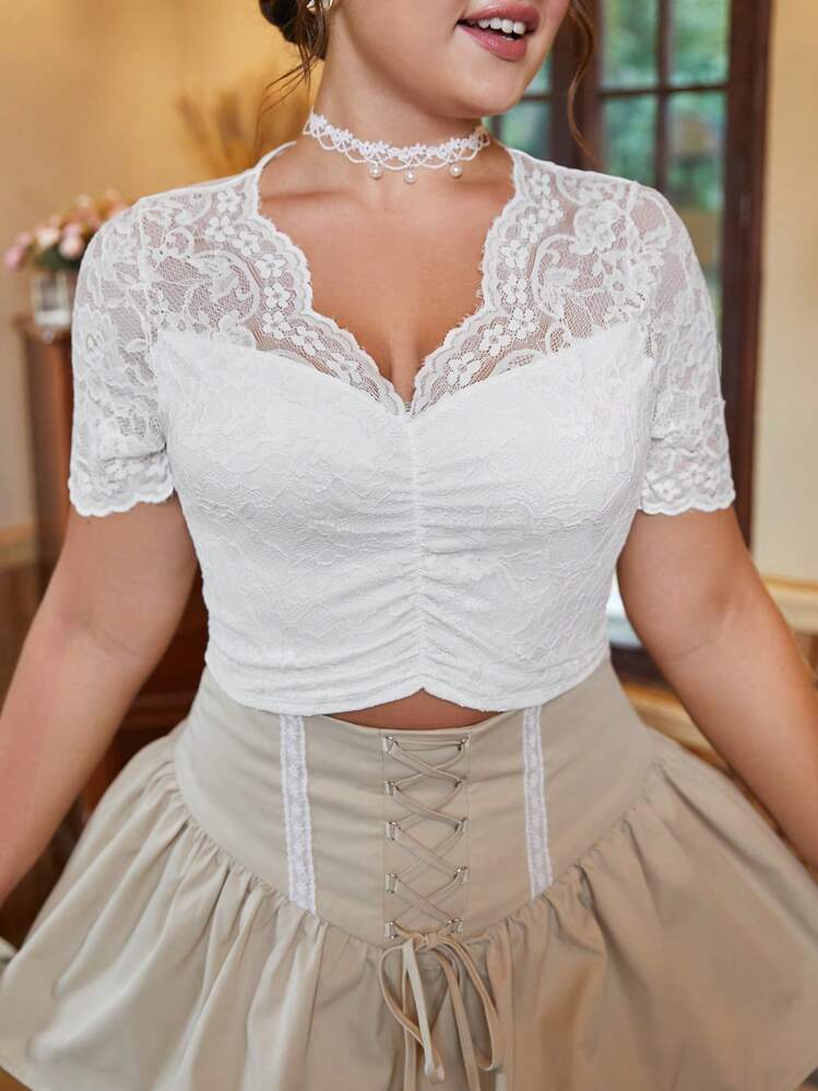 SHEIN Frenchy Plus Lace Ruched Crop Top - White - View 6