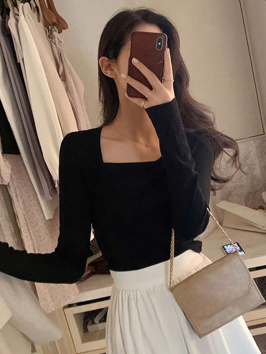 DAZY Solid Square Neck Slim Tee,Fall Clothes Long Sleeve Women Tops - Black - View 1