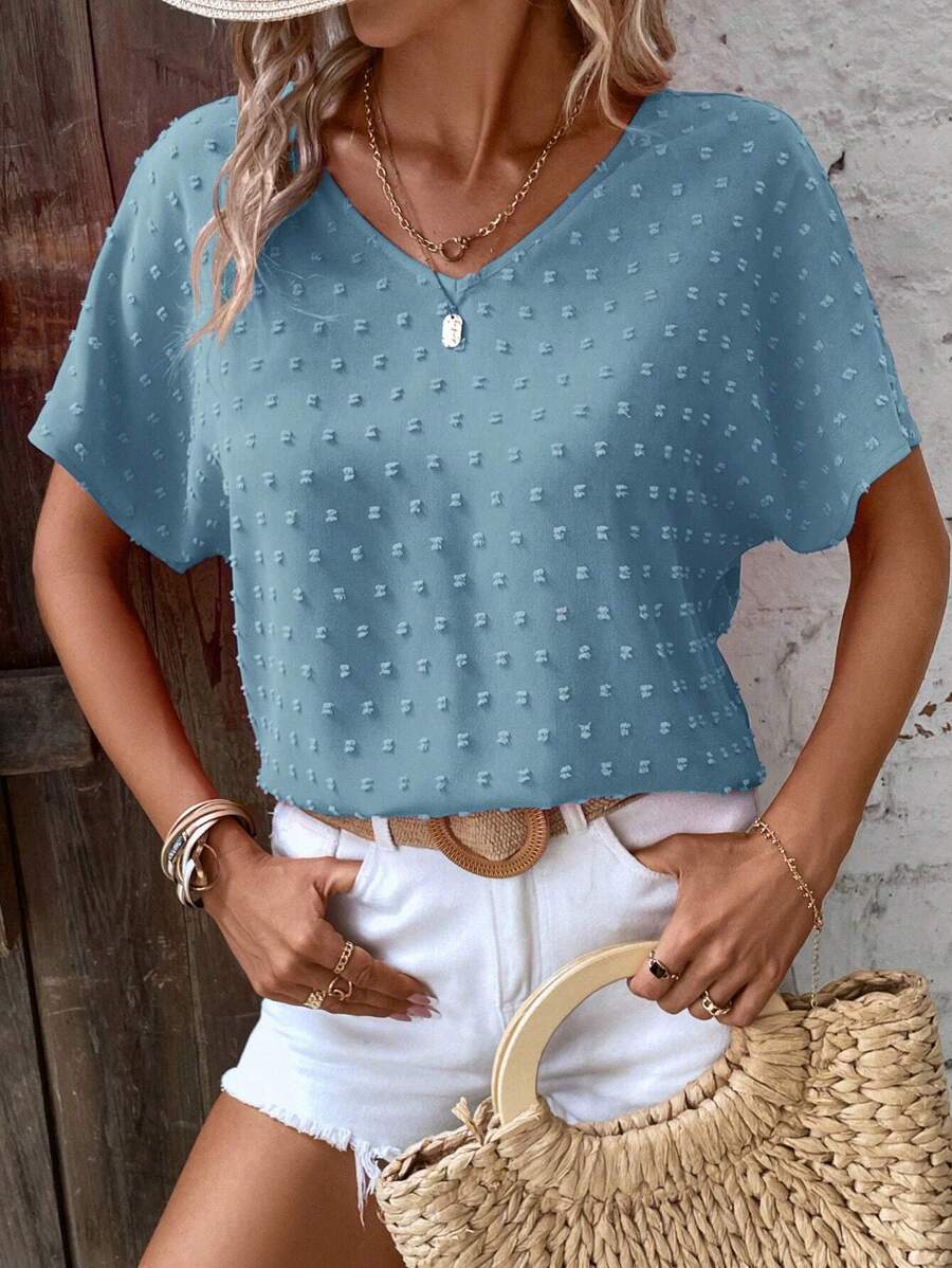 EMERY ROSE Swiss Dot Batwing Sleeve Blouse - Cadet Blue - View 1