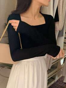 DAZY Solid Square Neck Slim Tee,Fall Clothes Long Sleeve Women Tops - Black - View 2