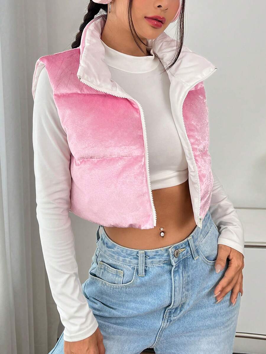 SHEIN Qutie Zip Up Crop Vest Padded Coat - Pink - View 1