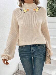 SHEIN VCAY Thêu hoa Cổ giả Tay áo lồng đèn Áo len - Màu be - Xem 5