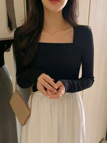 DAZY Solid Square Neck Slim Tee,Fall Clothes Long Sleeve Women Tops - Black - View 4