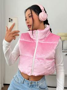 SHEIN Qutie Zip Up Crop Vest Padded Coat - Pink - View 3