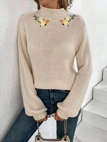 SHEIN VCAY Thêu hoa Cổ giả Tay áo lồng đèn Áo len - Màu be - Xem 6