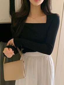 DAZY Solid Square Neck Slim Tee,Fall Clothes Long Sleeve Women Tops - Black - View 5