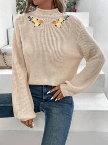 SHEIN VCAY Thêu hoa Cổ giả Tay áo lồng đèn Áo len - Màu be - Xem 1