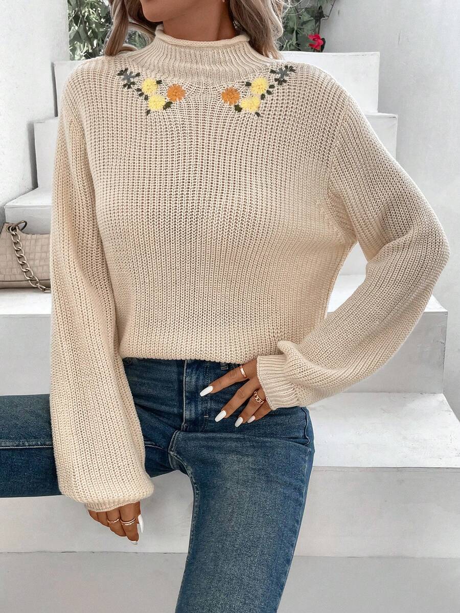 SHEIN VCAY Thêu hoa Cổ giả Tay áo lồng đèn Áo len - Màu be - Xem 1