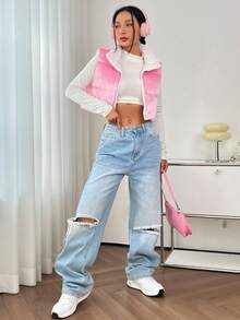 SHEIN Qutie Zip Up Crop Vest Padded Coat - Pink - View 5