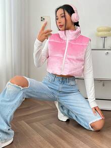 SHEIN Qutie Zip Up Crop Vest Padded Coat - Pink - View 4