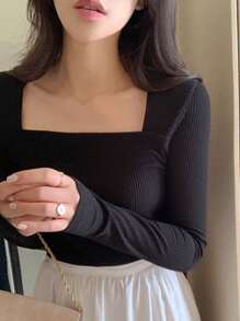 DAZY Solid Square Neck Slim Tee,Fall Clothes Long Sleeve Women Tops - Black - View 7