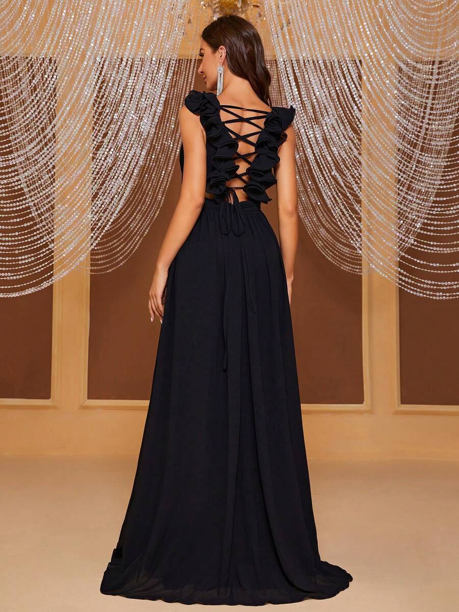 YISIKADO Ruffle Trim Lace Up Backless Bridesmaid Dress - Black - View 1