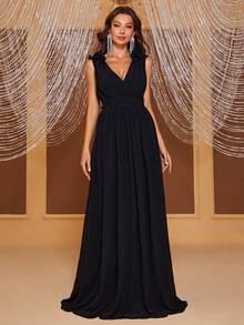 YISIKADO Ruffle Trim Lace Up Backless Bridesmaid Dress - Black - View 2