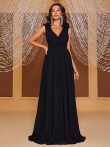YISIKADO Ruffle Trim Lace Up Backless Bridesmaid Dress - Black - View 3