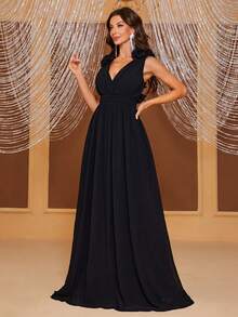 YISIKADO Ruffle Trim Lace Up Backless Bridesmaid Dress - Black - View 4