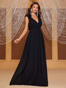 YISIKADO Ruffle Trim Lace Up Backless Bridesmaid Dress - Black - View 5