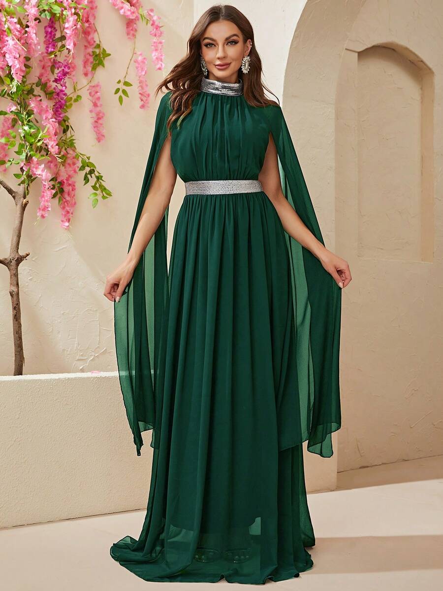 YISIKADO Mock Neck Cloak Sleeve Party Dress - Dark Green - View 1