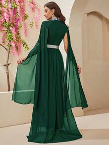 YISIKADO Mock Neck Cloak Sleeve Party Dress - Dark Green - View 2