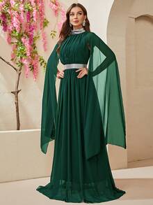 YISIKADO Mock Neck Cloak Sleeve Party Dress - Dark Green - View 3