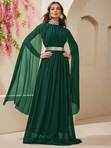 YISIKADO Mock Neck Cloak Sleeve Party Dress - Dark Green - View 5