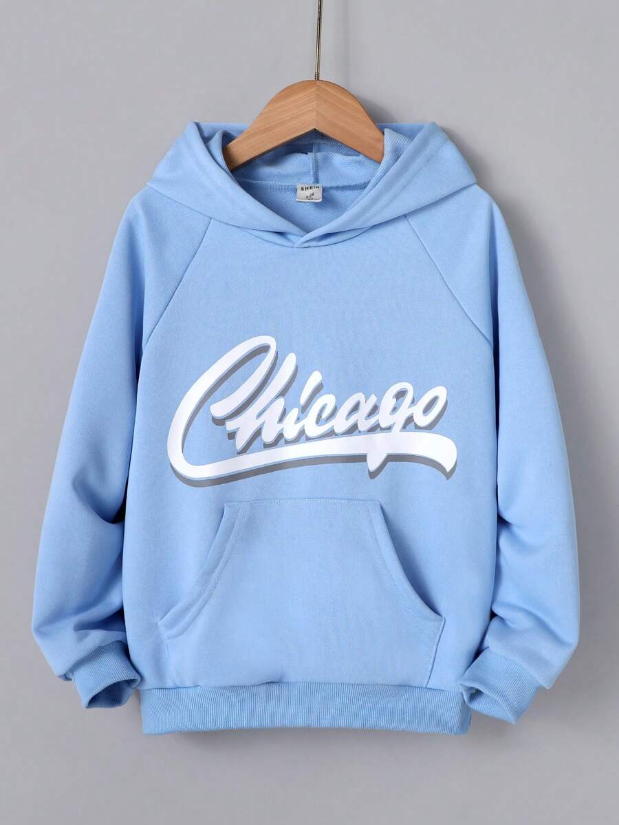 SHEIN 青少年男孩字母图案插肩袖卫衣 - 藍色 - 查看 1