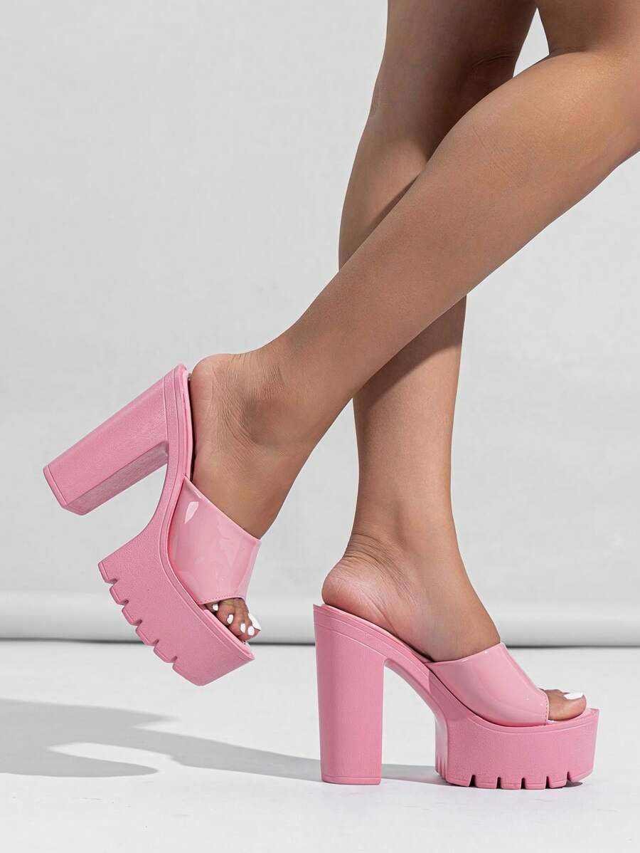 Mules de mujeres grueso de tacón alto plataforma - Rosa - Ver 1