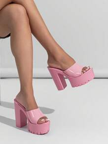 Mules de mujeres grueso de tacón alto plataforma - Rosa - Ver 2