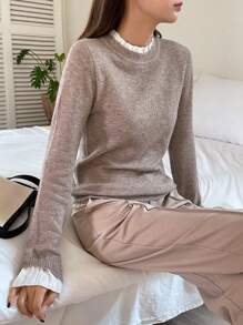 DAZY 撞色飾邊荷葉邊袖毛衣 - 灰色 - 查看 7