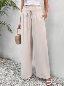 SHEIN Frenchy 紙袋腰前打結闊腿褲 - 杏色 - 查看 4