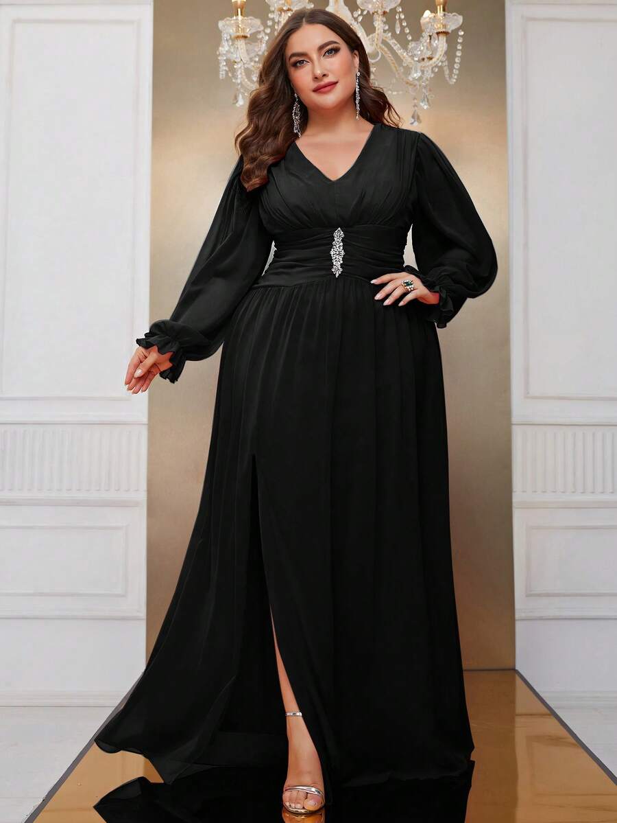 YISIKADO Talla grande Vestido con diseño de diamante de imitación de muslo con abertura - Negro - Ver 1