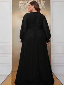 YISIKADO Talla grande Vestido con diseño de diamante de imitación de muslo con abertura - Negro - Ver 2