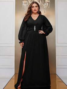 YISIKADO Talla grande Vestido con diseño de diamante de imitación de muslo con abertura - Negro - Ver 4