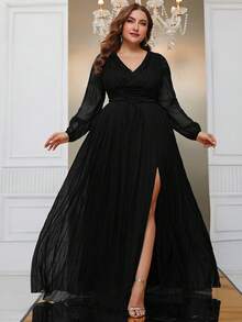 YISIKADO Plus Lantern Sleeve Split Thigh Formal Dress - Black - View 4