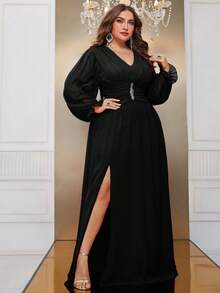 YISIKADO Talla grande Vestido con diseño de diamante de imitación de muslo con abertura - Negro - Ver 5