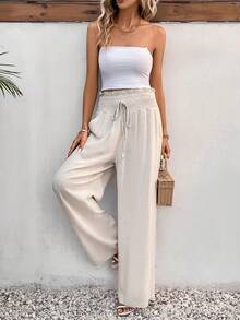 SHEIN Frenchy 紙袋腰前打結闊腿褲 - 杏色 - 查看 5