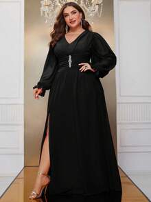 YISIKADO Talla grande Vestido con diseño de diamante de imitación de muslo con abertura - Negro - Ver 6