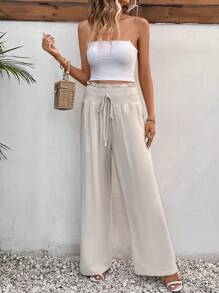 SHEIN Frenchy 紙袋腰前打結闊腿褲 - 杏色 - 查看 3