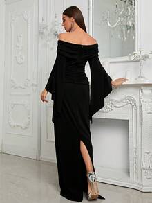 YISIKADO 露肩喇叭袖褶皱侧边派对礼服优雅长袖舞会半正式婚礼宾客礼服，适合生日、毕业典礼、返校节 - 黑色 - 查看 3