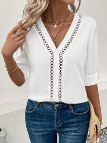 SHEIN VCAY Guipure Lace Insert Roll Tab Sleeve Blouse - White - View 3