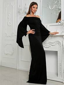 YISIKADO 露肩喇叭袖褶皱侧边派对礼服优雅长袖舞会半正式婚礼宾客礼服，适合生日、毕业典礼、返校节 - 黑色 - 查看 7