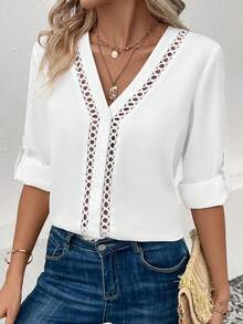 SHEIN VCAY Guipure Lace Insert Roll Tab Sleeve Blouse - White - View 4