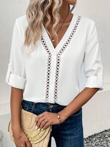 SHEIN VCAY Guipure Lace Insert Roll Tab Sleeve Blouse - White - View 5