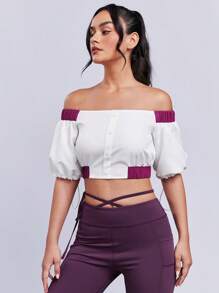 SHEINNeu Off Shoulder Contrast Panel Crop Blouse - White - View 1