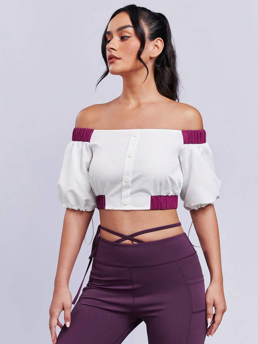 SHEINNeu Off Shoulder Contrast Panel Crop Blouse - White - View 1