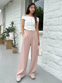DAZY 素色拼接細節闊腿西裝褲 - 粉色 - 查看 2